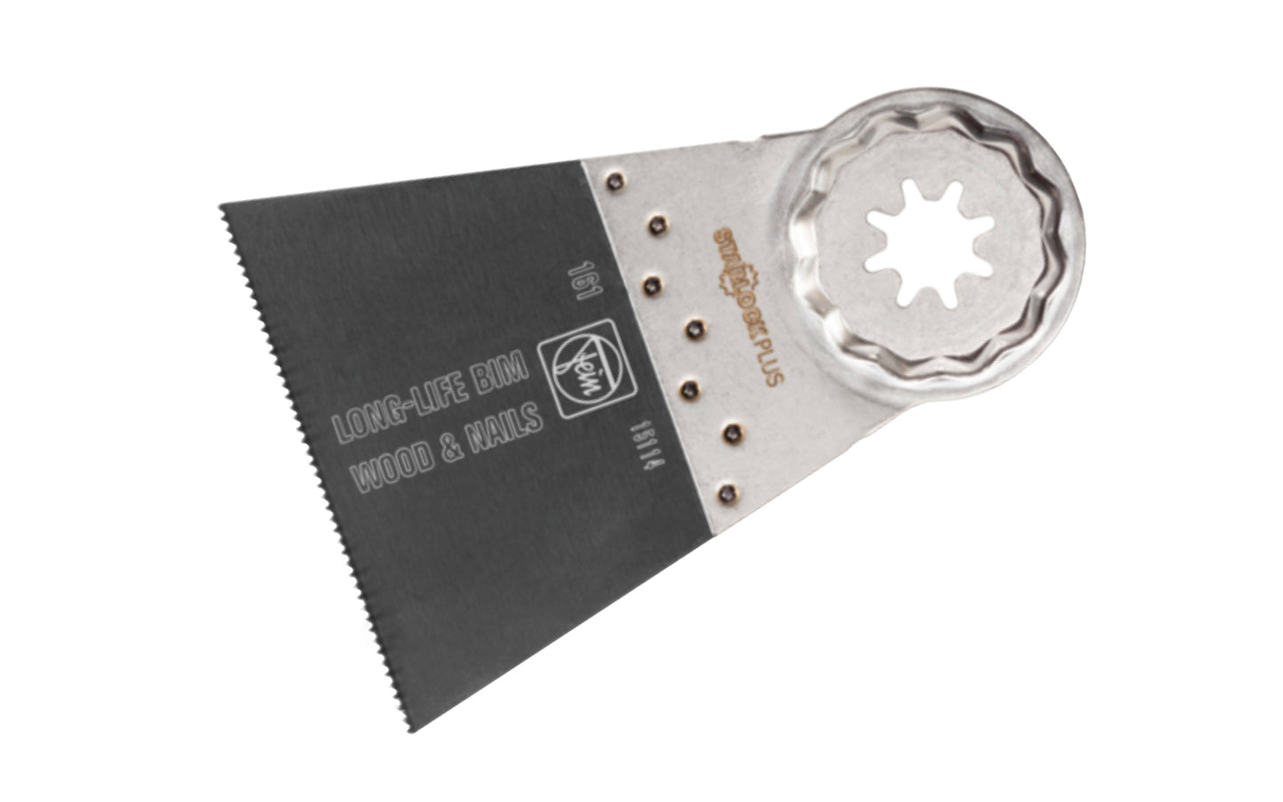 Fein 2-9/16" Wood & Nails E-Cut "Long-Life" BIM Blade - 161 Blade. Bimetal with teeth set for all woods, drywall & plastic materials. Outstanding service life, very clean cut. Unaffected by nails in wood (up to approx. 3/16" (4 mm) dia.), masonry, etc. Starlock mounting system.    Made in Germany.