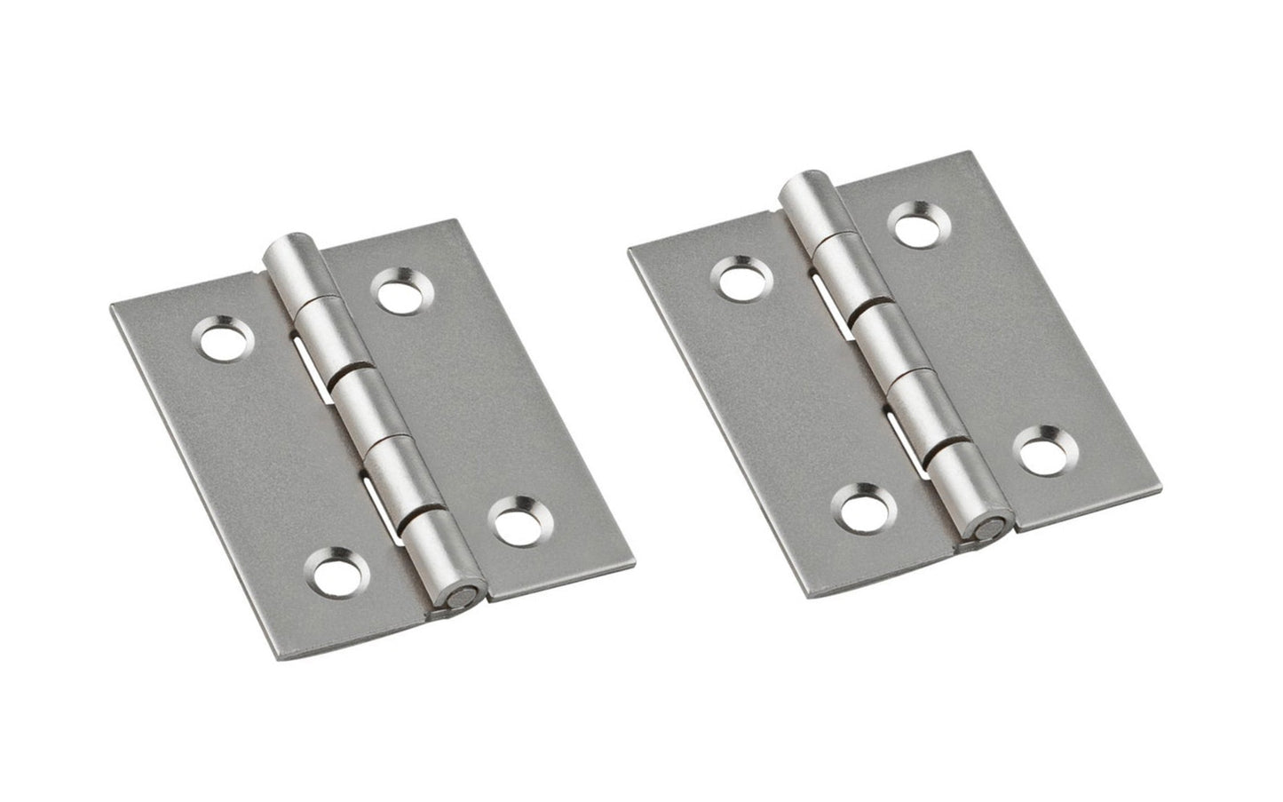 1-1/2" x 1-1/4" Satin Nickel Hinges ~ 2 Pack are designed to add a decorative appearance to small chests, jewelry boxes, craft projects, etc. Made of steel material with a satin nickel finish. 1-1/2" high x 1-1/4" wide. Surface mount. Non-removable pin. Sold as 4 hinges in pack. National Hardware Model No. N211-013. 886780014228. 2 Pack