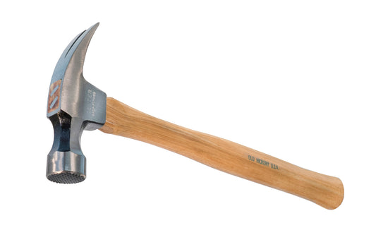 A Japanese 20 oz Mill Face Rip Hammer with Hickory Handle. Mill waffle face. 15-1/2" overall length. Head made in Japan.  Handle made from American Hickory. Mill waffle face.