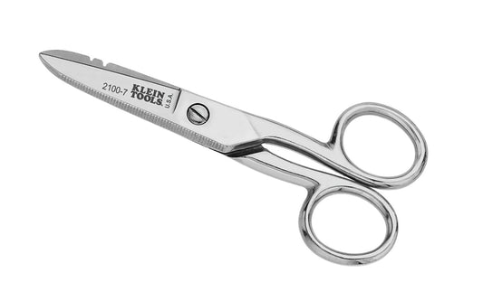 Klein Tools - Model No. 2100-7 - Made in USA - Lineman Scissors - Electrician Snips - Lineman Snips - Strong, tempered steel - For telecom & electrical applications & heavy-duty use - Cuts 19 AWG & 23 AWG electrical communication wire, cable & cordage - Scraper & file on outside of both blades - Strips - Rust resistant - 092644764028