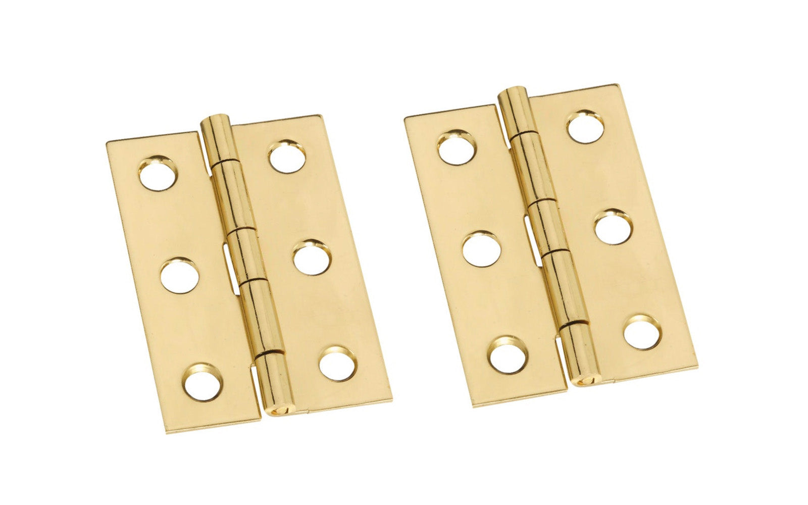 These solid brass hinges add a decorative appearance to small boxes, jewelry boxes, small lightweight cabinet doors, craft projects, etc. Made of solid brass material with a bright brass finish. 2" high x 1-3/8" wide. Surface mount. Non-removable pin. Pair of hinges. National Hardware Model No. N211-375. 038613211377