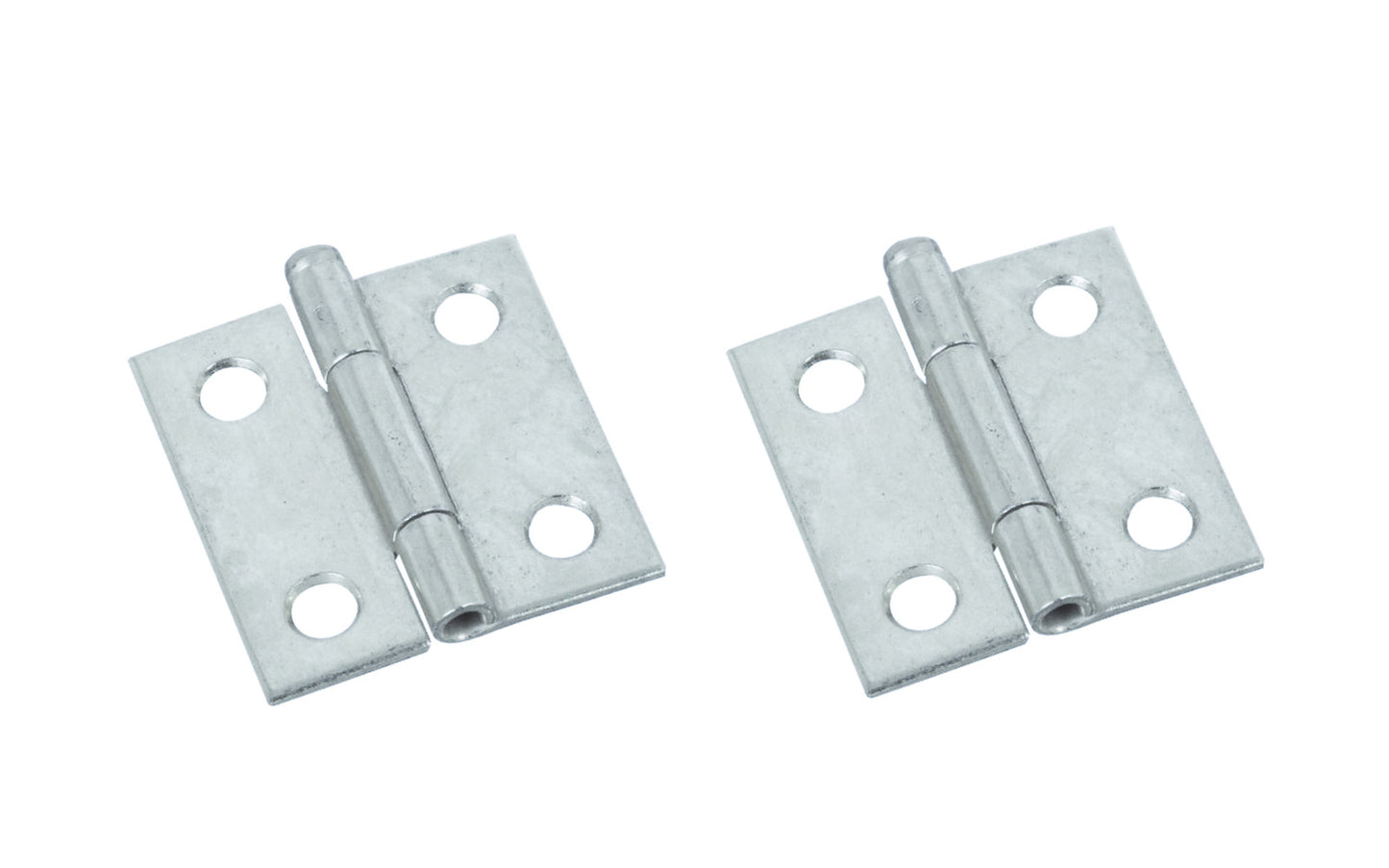 1-1/2" Zinc-Plated Fixed-Pin Narrow Hinges - 2 Pack. 1-1/2" high x 1-3/8" wide. Made of cold-rolled steel with zinc plating. Non-removable pin hinges. Sold as a pair of hinges. National Hardware Model No. N146-043.
