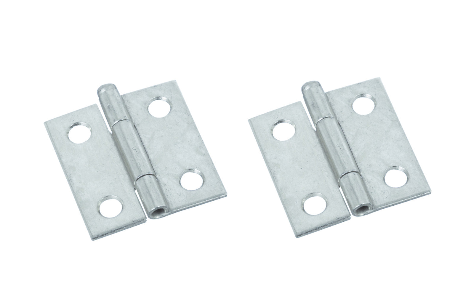 1-1/2" Zinc-Plated Fixed-Pin Narrow Hinges - 2 Pack. 1-1/2" high x 1-3/8" wide. Made of cold-rolled steel with zinc plating. Non-removable pin hinges. Sold as a pair of hinges. National Hardware Model No. N146-043.