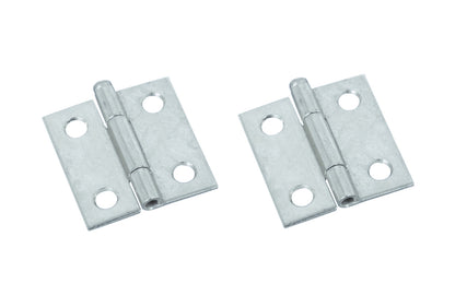 1-1/2" Zinc-Plated Fixed-Pin Narrow Hinges - 2 Pack. 1-1/2" high x 1-3/8" wide. Made of cold-rolled steel with zinc plating. Non-removable pin hinges. Sold as a pair of hinges. National Hardware Model No. N146-043.