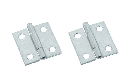 1-1/2" Zinc-Plated Fixed-Pin Narrow Hinges - 2 Pack. 1-1/2" high x 1-3/8" wide. Made of cold-rolled steel with zinc plating. Non-removable pin hinges. Sold as a pair of hinges. National Hardware Model No. N146-043.