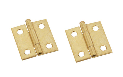 1-1/2" Brass-Plated Fixed-Pin Narrow Hinges - 2 Pack. 1-1/2" high x 1-3/8" wide. Made of cold-rolled steel with brass plating. Non-removable pin hinges. Sold as a pair of hinges. National Hardware Model No. N146-068.