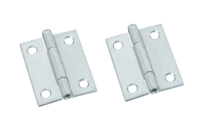 2" Zinc-Plated Fixed-Pin Narrow Hinges - 2 Pack. 2" high x 1-9/16" wide. Made of cold-rolled steel with zinc plating. Non-removable pin hinges. Sold as a pair of hinges. National Hardware Model No. N146-159.