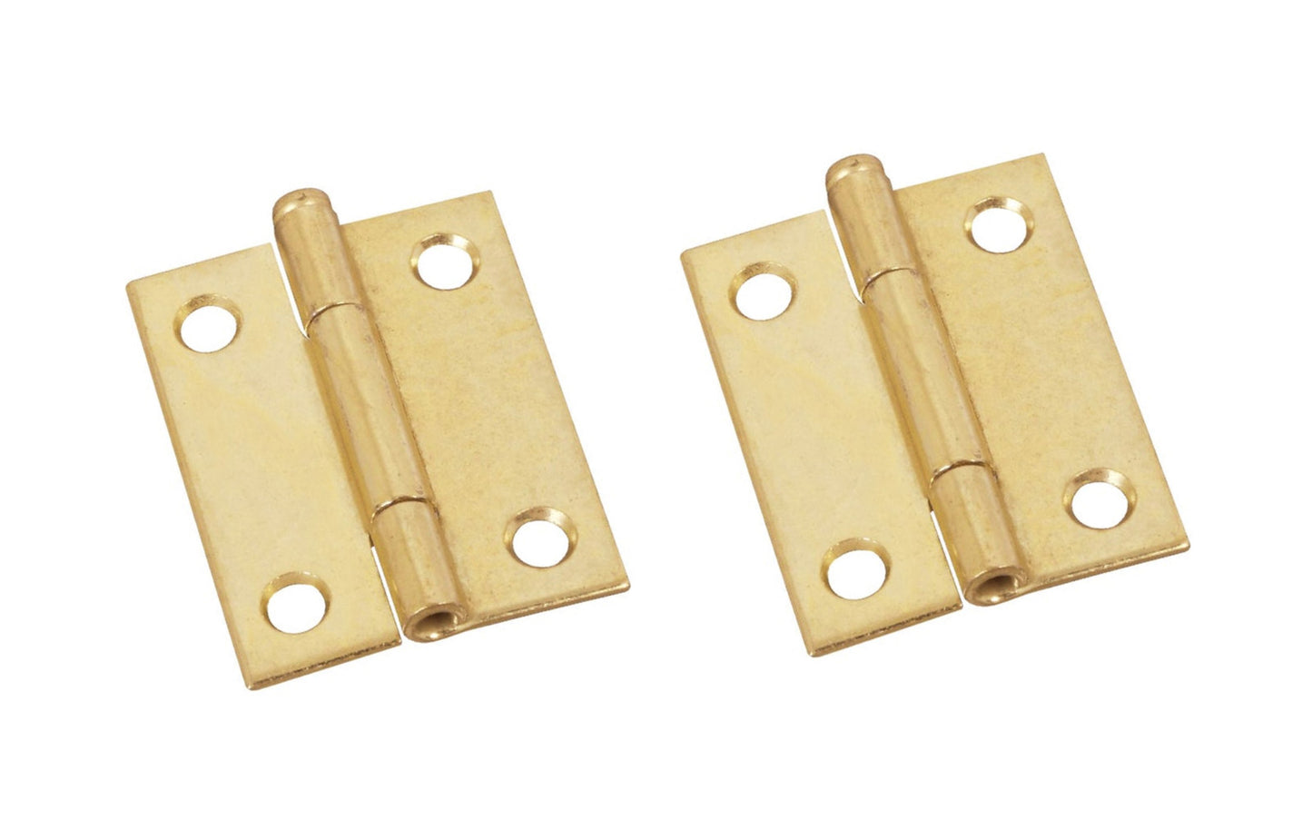 2" Brass-Plated Fixed-Pin Narrow Hinges - 2 Pack. 2" high x 1-9/16" wide. Made of cold-rolled steel with brass plating. Non-removable pin hinges. Sold as a pair of hinges. National Hardware Model No. N146-175. 