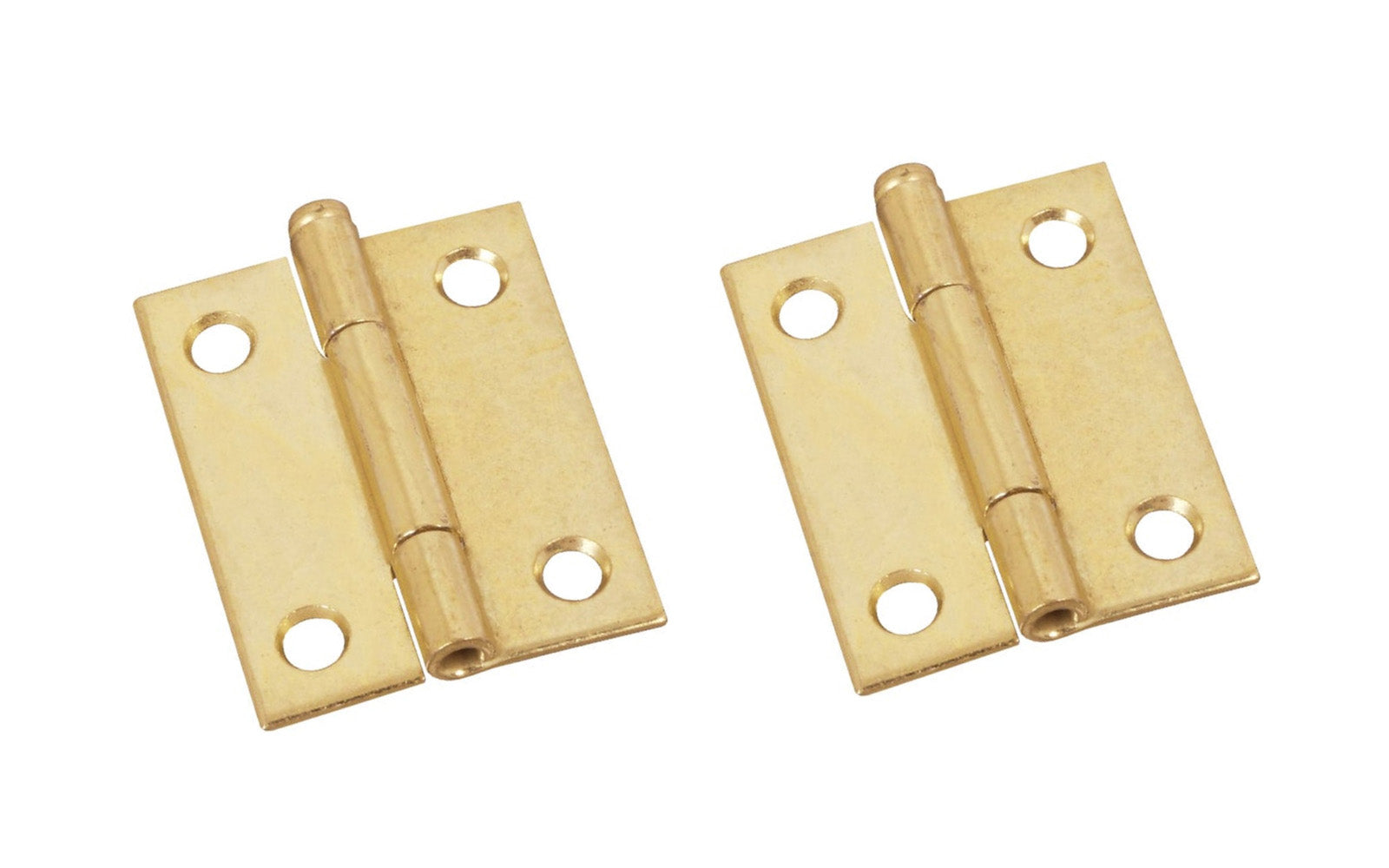 2" Brass-Plated Fixed-Pin Narrow Hinges - 2 Pack. 2" high x 1-9/16" wide. Made of cold-rolled steel with brass plating. Non-removable pin hinges. Sold as a pair of hinges. National Hardware Model No. N146-175. 