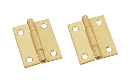 2" Brass-Plated Fixed-Pin Narrow Hinges - 2 Pack. 2" high x 1-9/16" wide. Made of cold-rolled steel with brass plating. Non-removable pin hinges. Sold as a pair of hinges. National Hardware Model No. N146-175. 