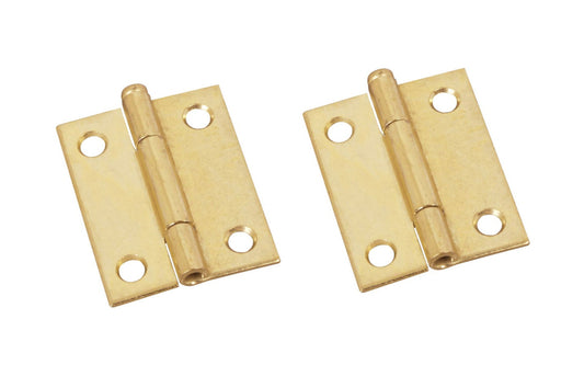 2" Brass-Plated Fixed-Pin Narrow Hinges - 2 Pack. 2" high x 1-9/16" wide. Made of cold-rolled steel with brass plating. Non-removable pin hinges. Sold as a pair of hinges. National Hardware Model No. N146-175. 