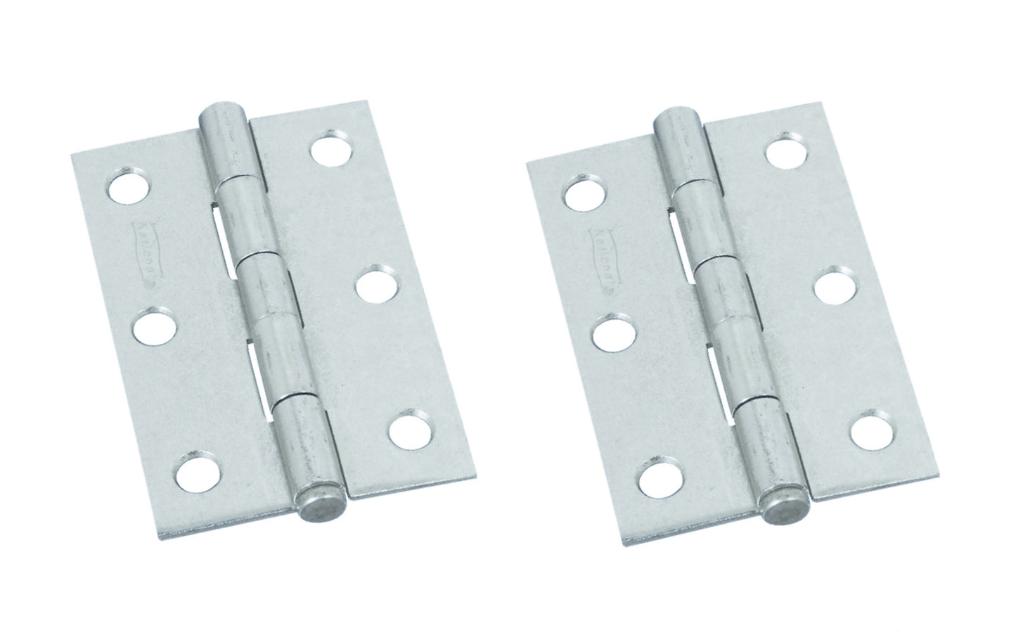 3" Zinc-Plated Fixed-pin Narrow Hinges - 2 Pack. 3" high x 2-1/16" wide. Made of cold-rolled steel with zinc plating. Removable pin hinges. Sold as a pair of hinges. National Hardware Model No. N146-373.
