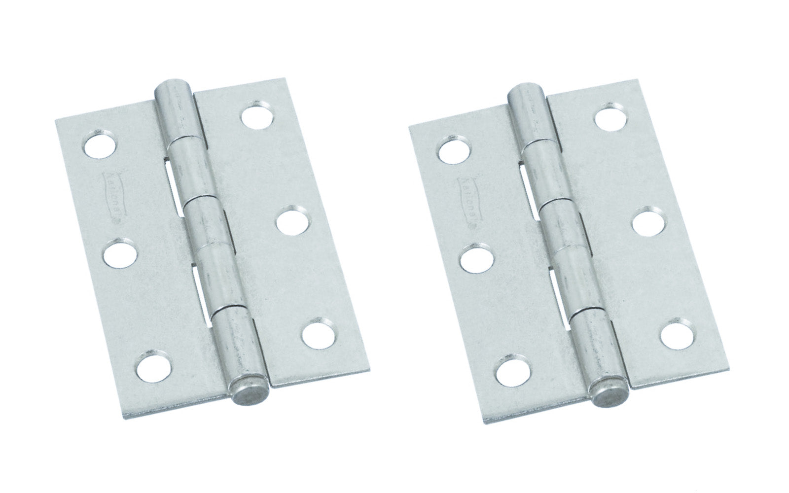 3" Zinc-Plated Fixed-pin Narrow Hinges - 2 Pack. 3" high x 2-1/16" wide. Made of cold-rolled steel with zinc plating. Removable pin hinges. Sold as a pair of hinges. National Hardware Model No. N146-373.