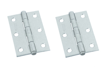 3" Zinc-Plated Fixed-pin Narrow Hinges - 2 Pack. 3" high x 2-1/16" wide. Made of cold-rolled steel with zinc plating. Removable pin hinges. Sold as a pair of hinges. National Hardware Model No. N146-373.