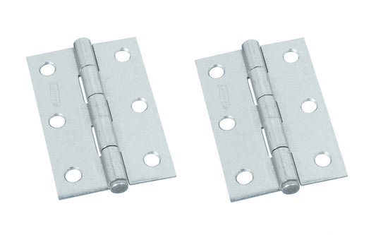 3" Zinc-Plated Fixed-pin Narrow Hinges - 2 Pack. 3" high x 2-1/16" wide. Made of cold-rolled steel with zinc plating. Removable pin hinges. Sold as a pair of hinges. National Hardware Model No. N146-373.