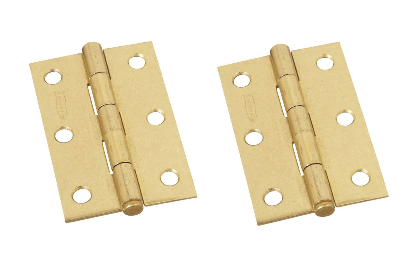 3" Brass-Plated Fixed-Pin Narrow Hinges - 2 Pack. 3" high x 2-1/16" wide. Made of cold-rolled steel with brass plating. Removable pin hinges. Sold as a pair of hinges. National Hardware Model No. N146-399. 