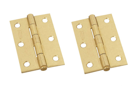 3" Brass-Plated Fixed-Pin Narrow Hinges - 2 Pack. 3" high x 2-1/16" wide. Made of cold-rolled steel with brass plating. Removable pin hinges. Sold as a pair of hinges. National Hardware Model No. N146-399. 