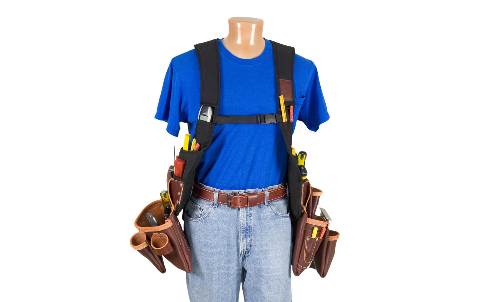 Occidental Leather "SuspendaVest" Leather Package system is a complete tool system with No. 2500 "SuspendaVest" packaged with No. 5060 (2 pouch fastener bag) & No. 5017DB (3 pouch tool bag). 36 total pockets & tool holders. Special tool vest system No. 2550. Industrial nylon material & genuine leather. 759244194401