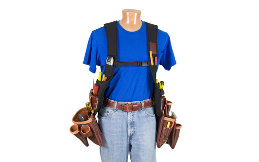 Occidental Leather "SuspendaVest" Leather Package system is a complete tool system with No. 2500 "SuspendaVest" packaged with No. 5060 (2 pouch fastener bag) & No. 5017DB (3 pouch tool bag). 36 total pockets & tool holders. Special tool vest system No. 2550. Industrial nylon material & genuine leather. 759244194401