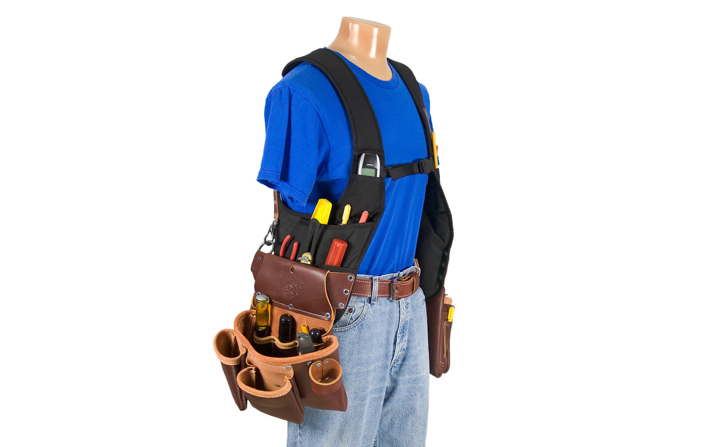 Occidental Leather "SuspendaVest" Leather Package system is a complete tool system with No. 2500 "SuspendaVest" packaged with No. 5060 (2 pouch fastener bag) & No. 5017DB (3 pouch tool bag). 36 total pockets & tool holders. Special tool vest system No. 2550. Industrial nylon material & genuine leather. 759244194401