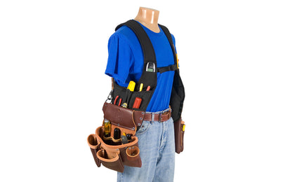 Occidental Leather "SuspendaVest" Leather Package system is a complete tool system with No. 2500 "SuspendaVest" packaged with No. 5060 (2 pouch fastener bag) & No. 5017DB (3 pouch tool bag). 36 total pockets & tool holders. Special tool vest system No. 2550. Industrial nylon material & genuine leather. 759244194401