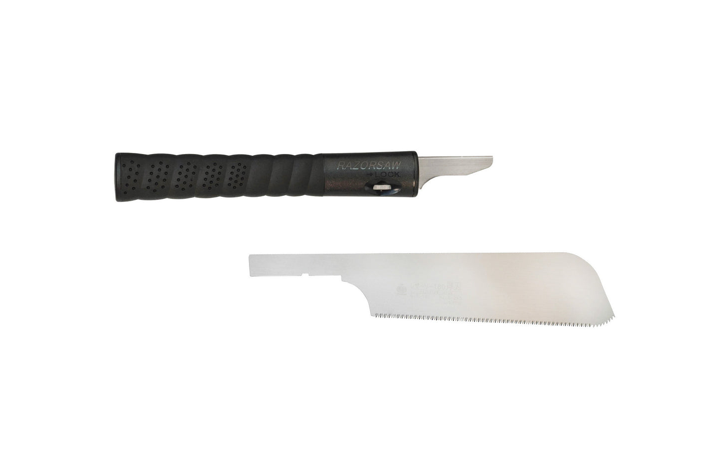 Made in Japan · Crosscut Teeth: 18 TPI ~ Gyokucho Saw #293 ~ Compact sized saw - great for a toolbox ~ Impulse Hardened Teeth ~ Black hard plastic handle with EVA coated grip ~ Blade is removable ~ The blade has a special rounded nose which allows the ability to start in the middle of a panel
