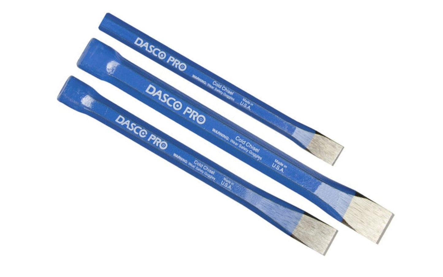 Dasco Pro 3-Piece Cold Chisel Kit. Precision ground for cutting, shaping & removing metal that is softer than the cutting edge of the chisel. For use on cast iron, wrought iron, steel, bronze, & copper. Made of heat treated high carbon steel. Set contains one each of 5/16", 3/4", 5/8" sizes.  Made in USA. Model 44 ~ 018371000635