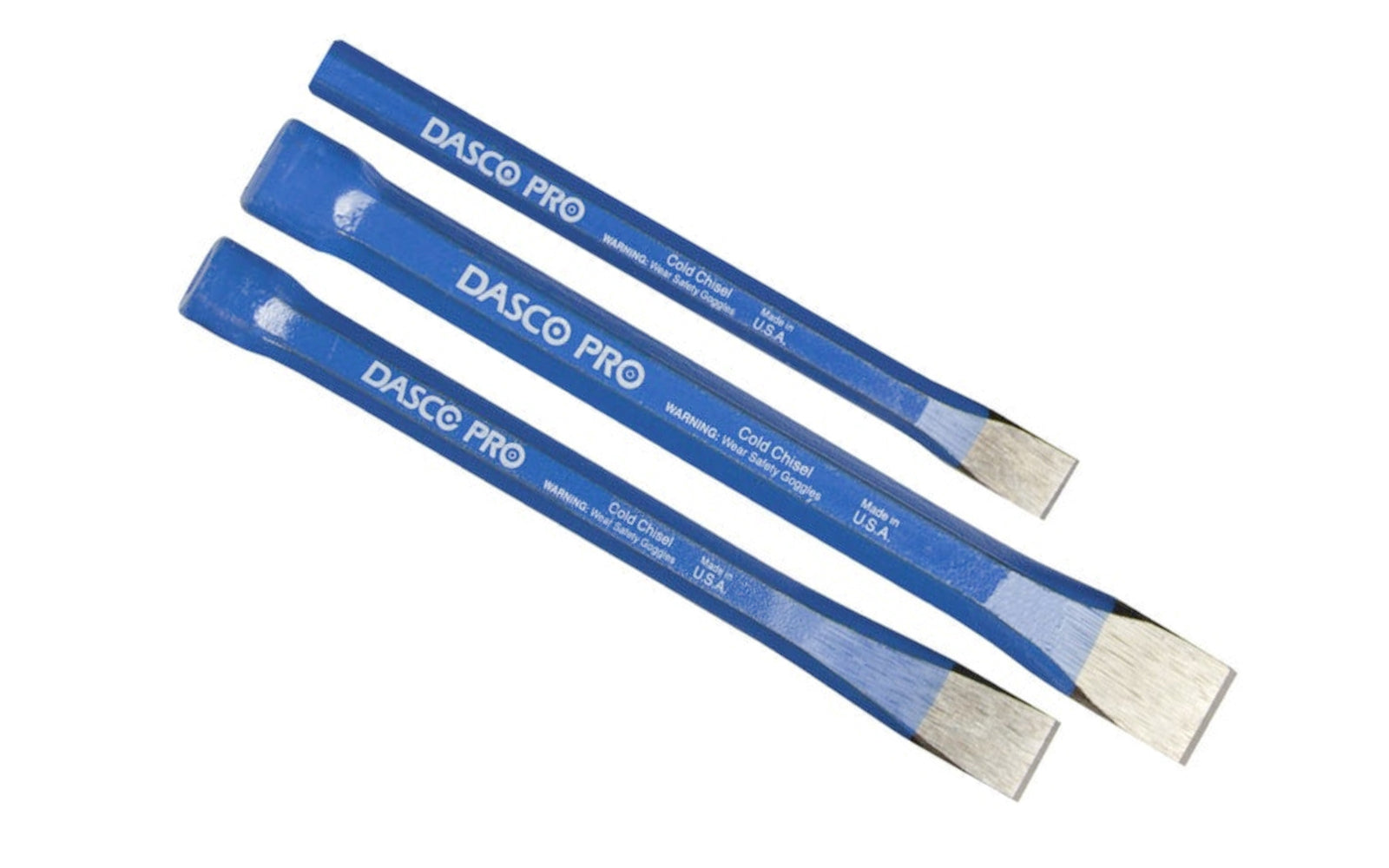 Dasco Pro 3-Piece Cold Chisel Kit. Precision ground for cutting, shaping & removing metal that is softer than the cutting edge of the chisel. For use on cast iron, wrought iron, steel, bronze, & copper. Made of heat treated high carbon steel. Set contains one each of 5/16", 3/4", 5/8" sizes.  Made in USA. Model 44 ~ 018371000635