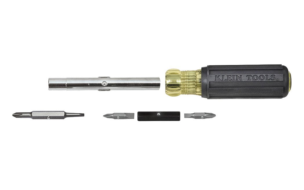 Klein Tools - Model No. 32557 - Made in USA - Cushion-Grip handle for greater torque & comfort - No. 1 Phillips - No. 2 Phillips - 1/4"  Slotted - 3/16"  Slotted - No. 1  Square Drive - No. 2  Square Drive - 1/4" Nut Driver - 5/16" Nut Driver - 3/8" Nut Driver - 3/8" Hex Driver - Multi Bit Screwdriver Kit - Nut Driver - 092644325571