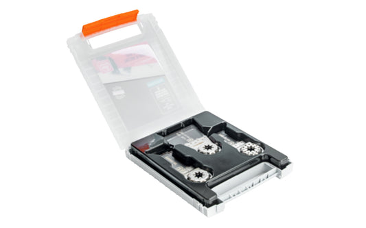 Fein Tools "Best of E-Cut" Wood & Metal BIM blades.  6 different E-Cut saw blades with bimetal teeth in a practical plastic storage box. 1 ea. E-Cut Universal saw blades, 1-1/8" (28 mm) & 1-3/4" (44 mm) wide & 2 ea. E-Cut Long-Life saw blades 1-3/8" (35 mm) & 2-9/16" (65 mm) wide. Made in Germany. Model No. 35222942080