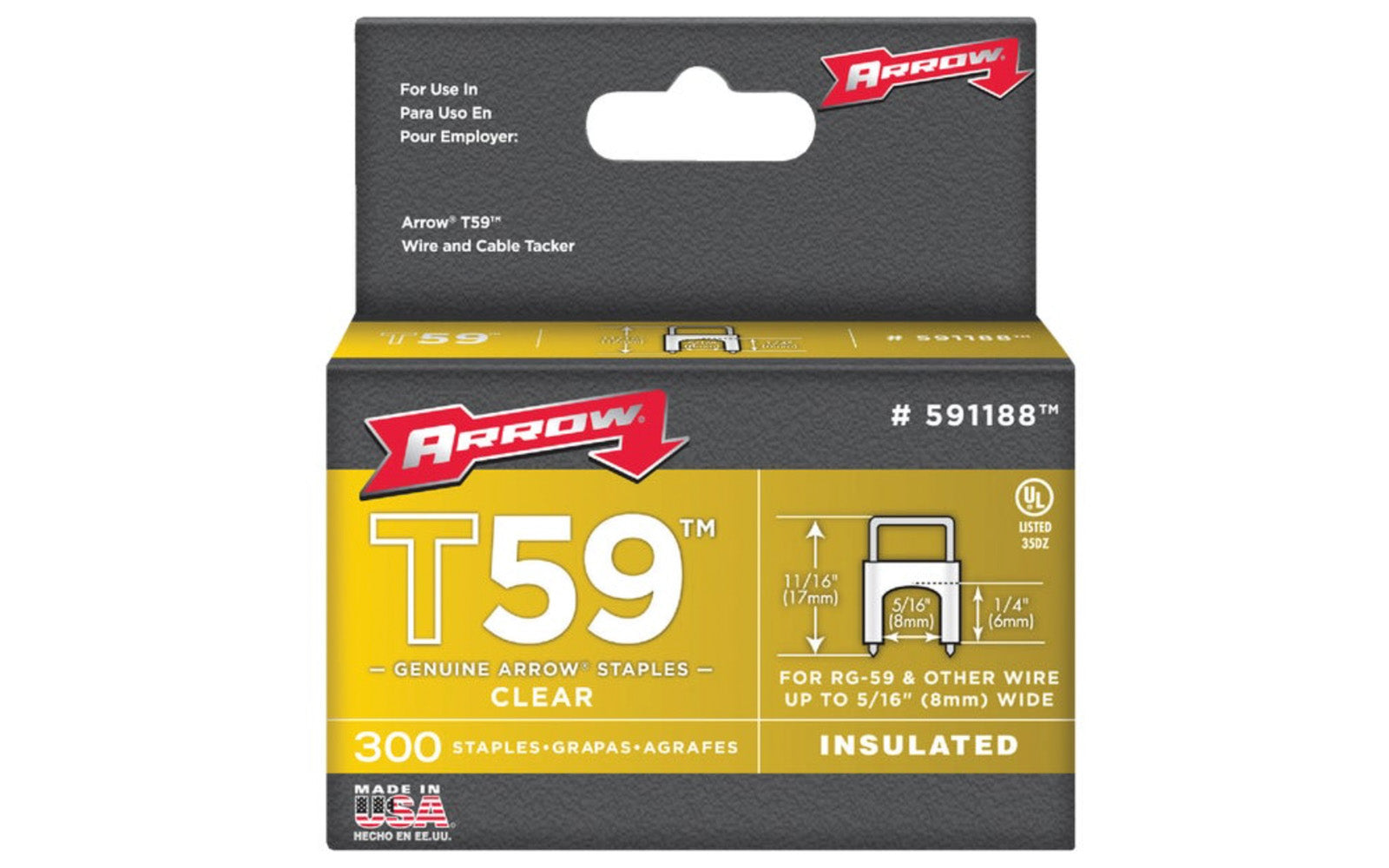 Arrow T59 Insulated Cable Staple for use with Arrow staple gun. For RG-59 and other wire up to 5/16" wide.   Made in USA.
