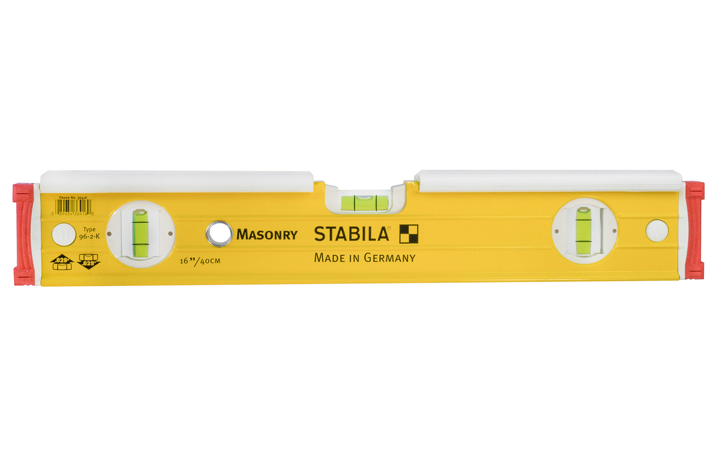 Stabila 16" (40 cm) Mason Level ~ Type 96-2-K - No. 36416 ~ Mason's level is designed for those who set brick, block & stone with a trowel. Patented striking shields allow the top of the level to be struck with the butt or blade of a trowel without causing damage to either the level or the trowel