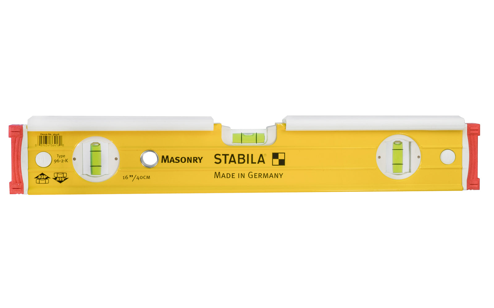 Stabila 16" (40 cm) Mason Level ~ Type 96-2-K - No. 36416 ~ Mason's level is designed for those who set brick, block & stone with a trowel. Patented striking shields allow the top of the level to be struck with the butt or blade of a trowel without causing damage to either the level or the trowel