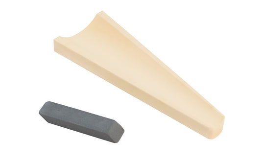 Japanese Suehiro Gouge Whetstone - 4000 Grit. Tapered whetstone is designed to sharpen implements from gouging tools to carving knives. Designed for rounded blades of various sizes. Tapered Japanese Waterstone. Model 2HS-3. 4966684065529. Made in Japan. Super fine grit. Includes an eraser for removing grime