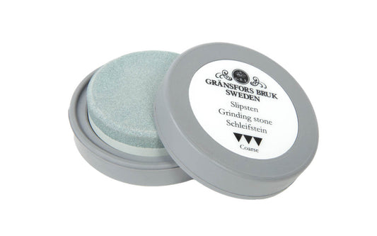Gransfors Bruk Ceramic Sharpening Stone ~ Made in Gränsfors, Sweden · No. 4034 Model ~ Made of ceramic stone ~ 600 fine grain grit & 180 coarse grain grit ~ 2-1/8" diameter of stone ~ Since 1902