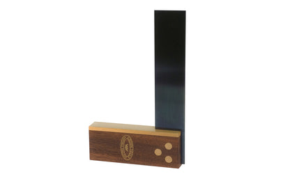 Crown Tools 4" small try square with walnut & brass. Features a hardened & tempered blued steel blade & walnut stock fitted with brass. The brass rivets secure the walnut wood stock to blade. A great apron pocket-sized mini try sqaure. 4" 100mm traditional mini Try / Mitre Square made in Sheffield, England.