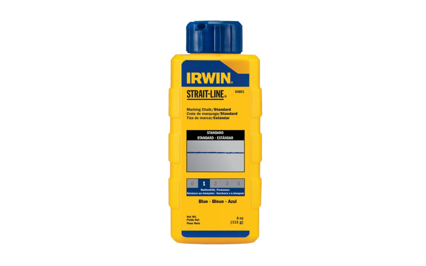 This Irwin Strait-Line 4 oz Standard Blue Marking Chalk is designed for reel type chalk line boxes. Plastic squeeze bottles with fast fill spout. For interior or exterior use on a variety of surfaces including wood, drywall, concrete, stone, & metal. Standard - Marks are temporary. Model No. 64801ZR. Blue color chalk 