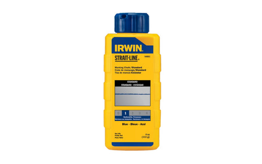This Irwin Strait-Line 4 oz Standard Blue Marking Chalk is designed for reel type chalk line boxes. Plastic squeeze bottles with fast fill spout. For interior or exterior use on a variety of surfaces including wood, drywall, concrete, stone, & metal. Standard - Marks are temporary. Model No. 64801ZR. Blue color chalk 