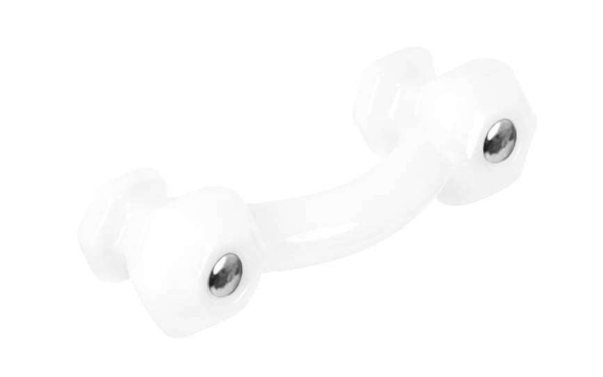 Vintage-style Hardware · Classic & original-style hexagonal glass bridge pull with silver pan head thru-bolts. 3" on centers. Made of genuine glass. "Translucent White - Opal" glass. Includes a silver pan thru-bolt. Reproduction hexagonal classic glass pull handle. Traditional glass cabinet bridge pull. 