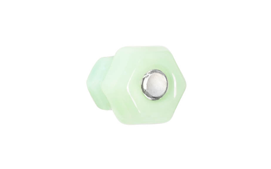 Vintage-style Hardware · Classic & original-style hexagonal glass cabinet knob with a silver pan head thru-bolt. Made of genuine glass. Milk Green - Jade color glass. Includes a silver pan thru-bolt. Reproduction hexagonal classic glass knob. Traditional hex glass knob. 1" Diameter