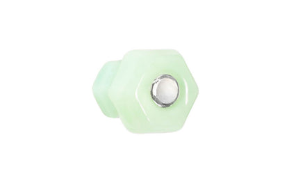 Vintage-style Hardware · Classic & original-style hexagonal glass cabinet knob with a silver pan head thru-bolt. Made of genuine glass. Milk Green - Jade color glass. Includes a silver pan thru-bolt. Reproduction hexagonal classic glass knob. Traditional hex glass knob. 1" Diameter