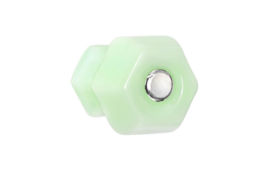 Vintage-style Hardware · Classic & original-style hexagonal glass cabinet knob with a silver pan head thru-bolt. Made of genuine glass. Milk Green - Jade color glass. Includes a silver pan thru-bolt. Reproduction hexagonal classic glass knob. Traditional hex glass knob. 1-1/4" Diameter