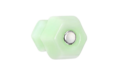 Vintage-style Hardware · Classic & original-style hexagonal glass cabinet knob with a silver pan head thru-bolt. Made of genuine glass. Milk Green - Jade color glass. Includes a silver pan thru-bolt. Reproduction hexagonal classic glass knob. Traditional hex glass knob. 1-1/4" Diameter