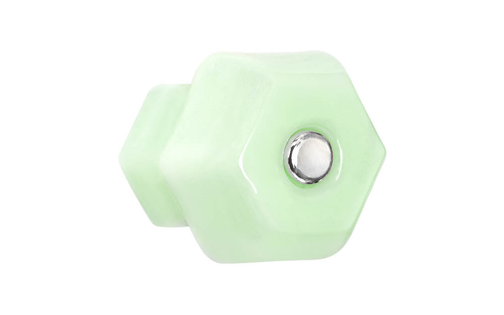 Vintage-style Hardware · Classic & original-style hexagonal glass cabinet knob with a silver pan head thru-bolt. Made of genuine glass. Milk Green - Jade color glass. Includes a silver pan thru-bolt. Reproduction hexagonal classic glass knob. Traditional hex glass knob. 1-1/2" Diameter