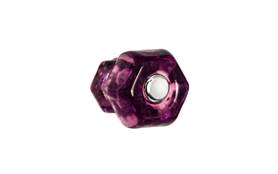 Vintage-style Hardware · Classic & original-style hexagonal glass cabinet knob with a silver pan head thru-bolt. Made of genuine glass. "Purple Amethyst" color glass. Includes a silver pan thru-bolt. Reproduction hexagonal classic glass knob. Traditional hex glass knob. 1" Diameter