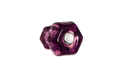 Vintage-style Hardware · Classic & original-style hexagonal glass cabinet knob with a silver pan head thru-bolt. Made of genuine glass. "Purple Amethyst" color glass. Includes a silver pan thru-bolt. Reproduction hexagonal classic glass knob. Traditional hex glass knob. 1" Diameter