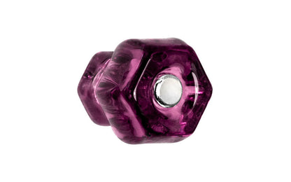 Vintage-style Hardware · Classic & original-style hexagonal glass cabinet knob with a silver pan head thru-bolt. Made of genuine glass. "Purple Amethyst" color glass. Includes a silver pan thru-bolt. Reproduction hexagonal classic glass knob. Traditional hex glass knob. 1-1/4" Diameter