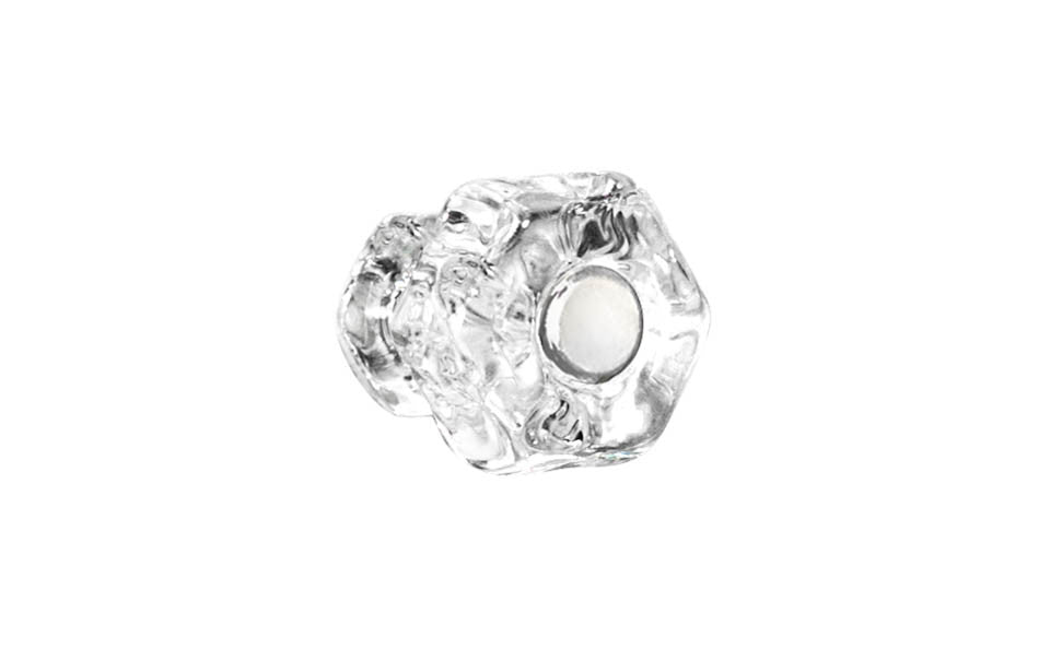 Vintage-style Hardware · Classic & original-style hexagonal glass cabinet knob with a silver pan head thru-bolt. Made of genuine glass. Crystal clear glass. Includes a silver pan thru-bolt. Reproduction hexagonal classic glass knob. Traditional hex glass knob. 1" Diameter