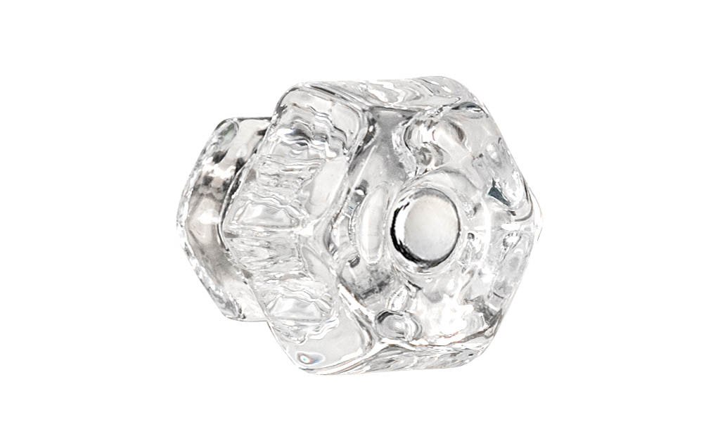 Vintage-style Hardware · Classic & original-style hexagonal glass cabinet knob with a silver pan head thru-bolt. Made of genuine glass. Crystal clear glass. Includes a silver pan thru-bolt. Reproduction hexagonal classic glass knob. Traditional hex glass knob. 1-1/2" Diameter