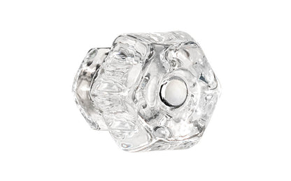 Vintage-style Hardware · Classic & original-style hexagonal glass cabinet knob with a silver pan head thru-bolt. Made of genuine glass. Crystal clear glass. Includes a silver pan thru-bolt. Reproduction hexagonal classic glass knob. Traditional hex glass knob. 1-1/2" Diameter